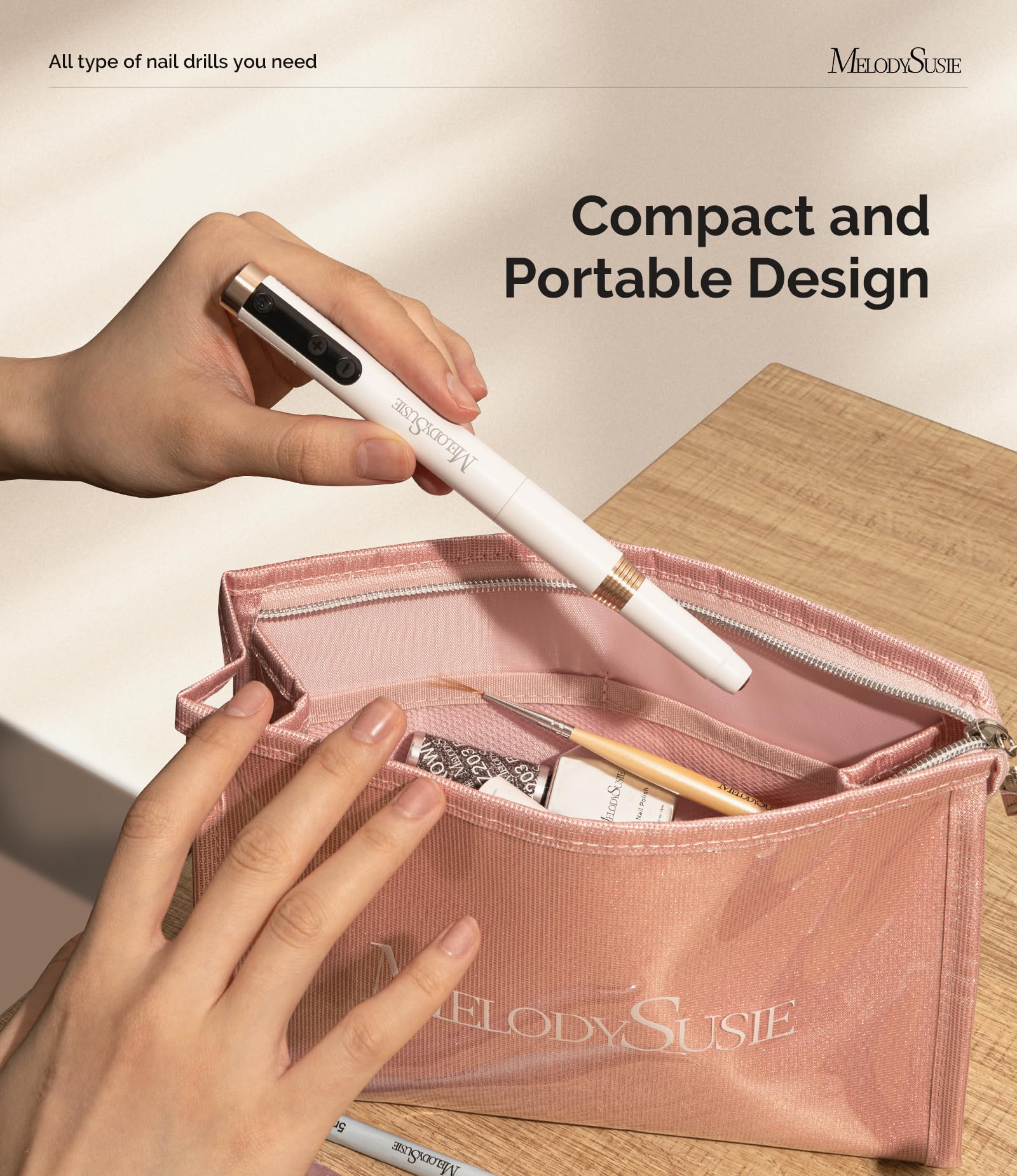 Ultra slim cordless manicure drill surrounded by five interchangeable professional styling bits