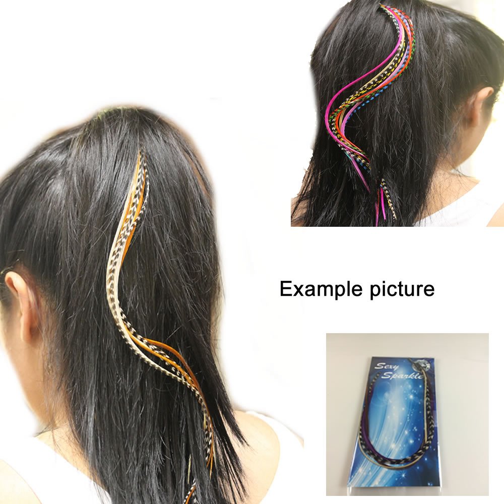 Model wearing hot pink and black feather hair extension accessory