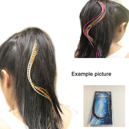 Model wearing hot pink and black feather hair extension accessory