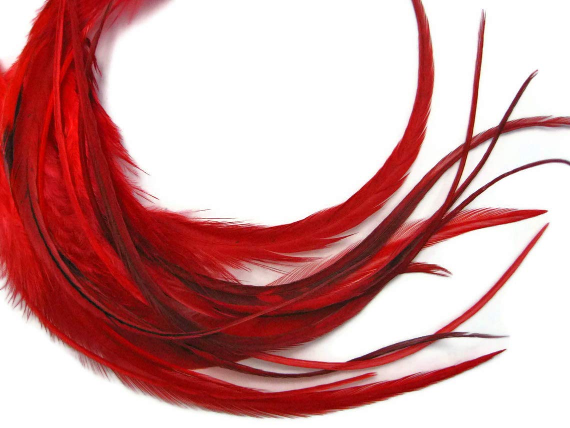 Close up of 1 dozen red rooster hackle hair feathers for extensions