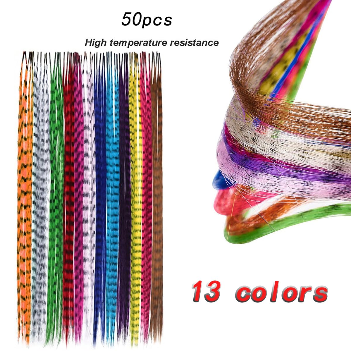 Close up of 19 inch colorful synthetic hair feathers