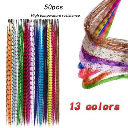 Close up of 19 inch colorful synthetic hair feathers