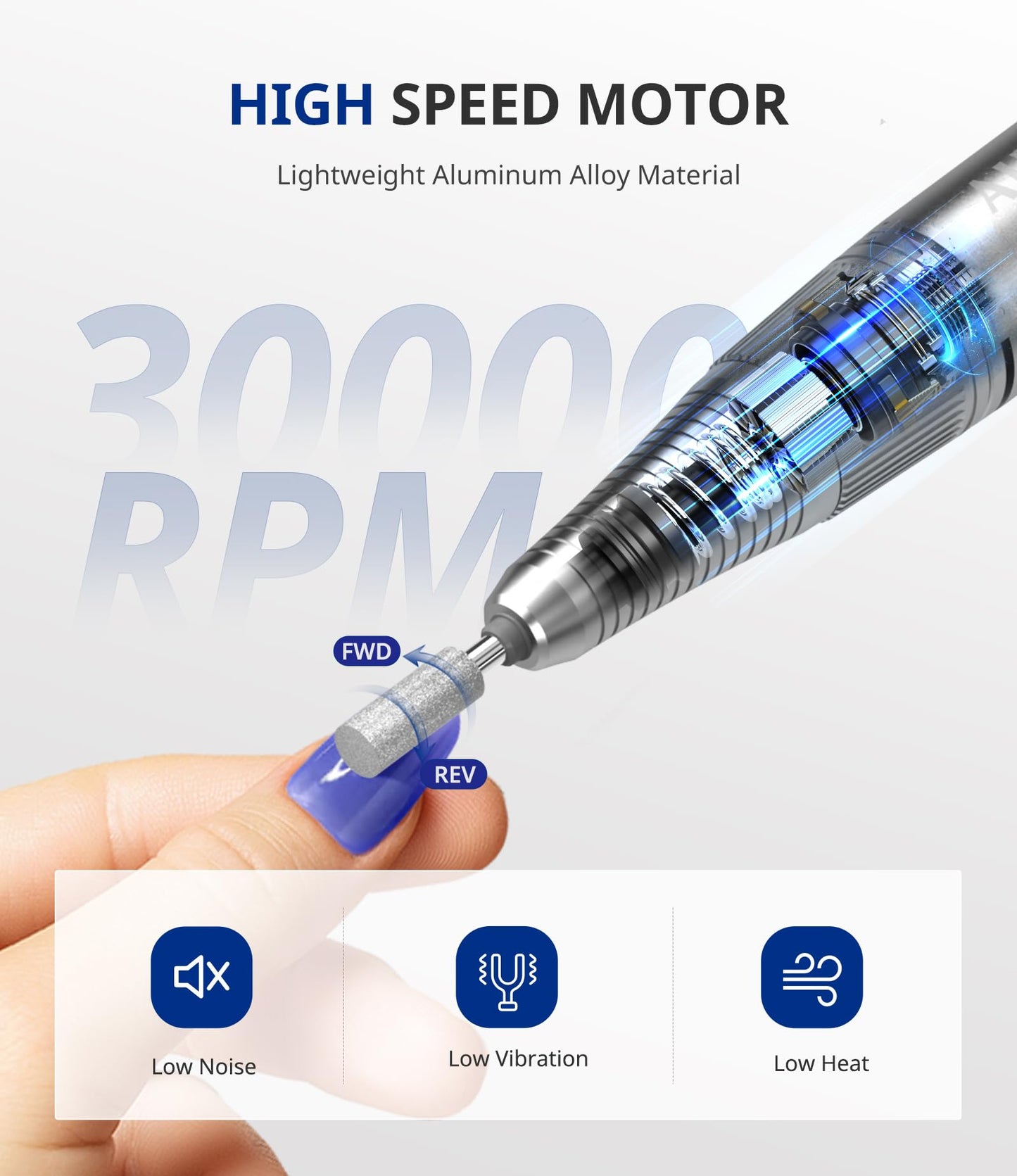 AIRSEE cordless electric nail drill machine with smart LCD display showing battery percentage and speed settings