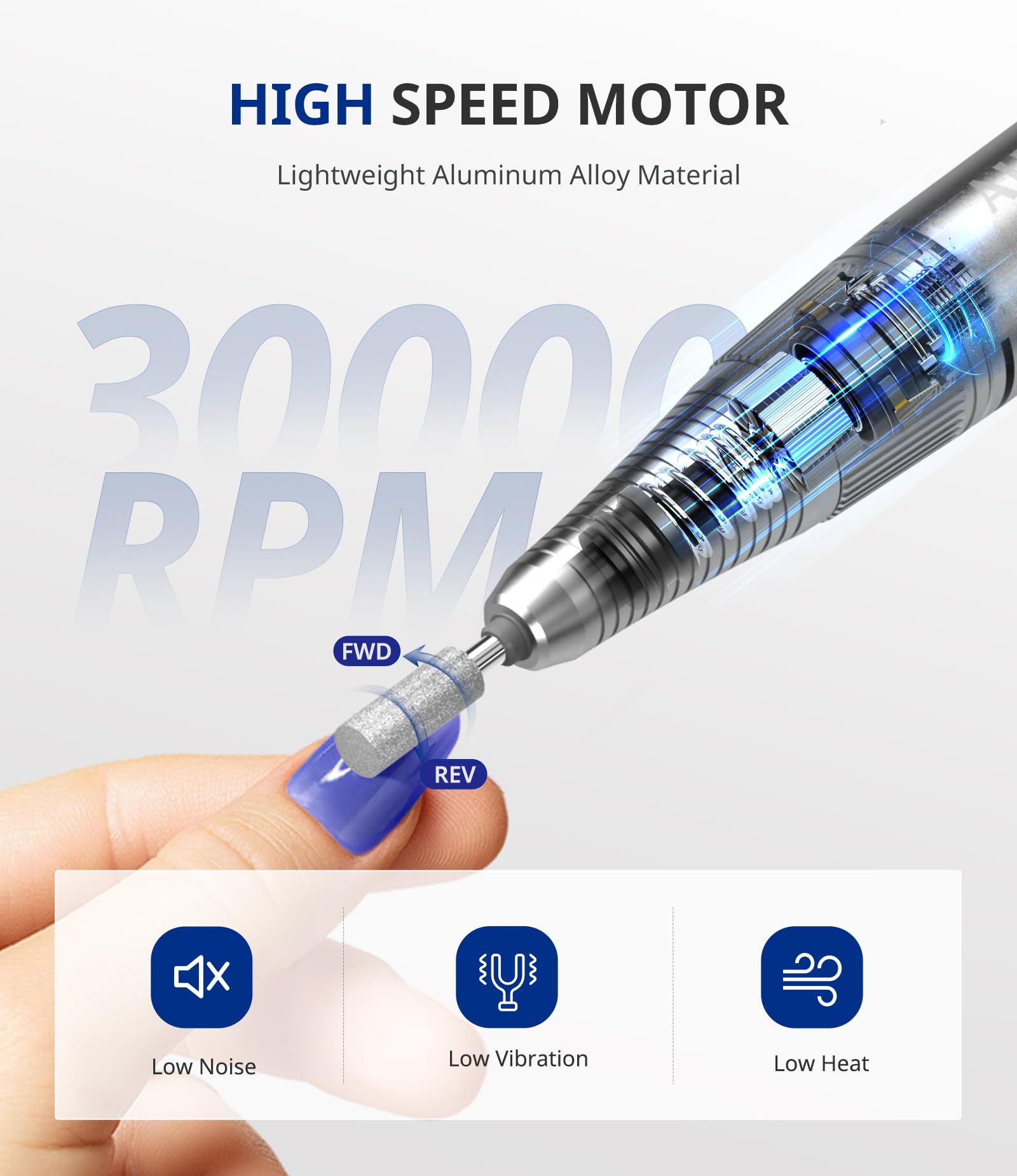 AIRSEE cordless electric nail drill machine with smart LCD display showing battery percentage and speed settings