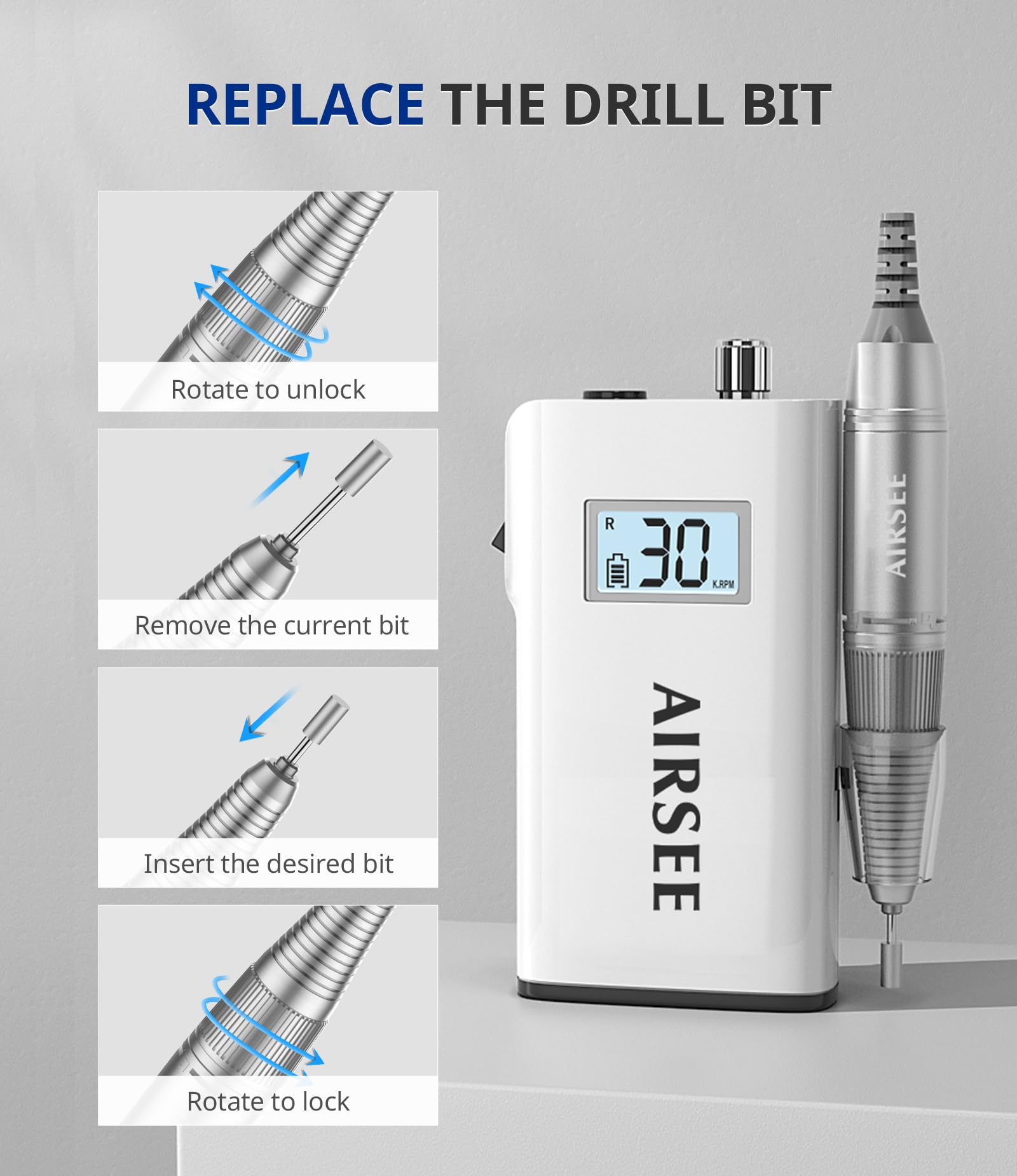 AIRSEE rechargeable high speed electric nail file showing forward and reverse rotation switches for dual hand usage