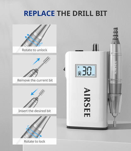AIRSEE rechargeable high speed electric nail file showing forward and reverse rotation switches for dual hand usage