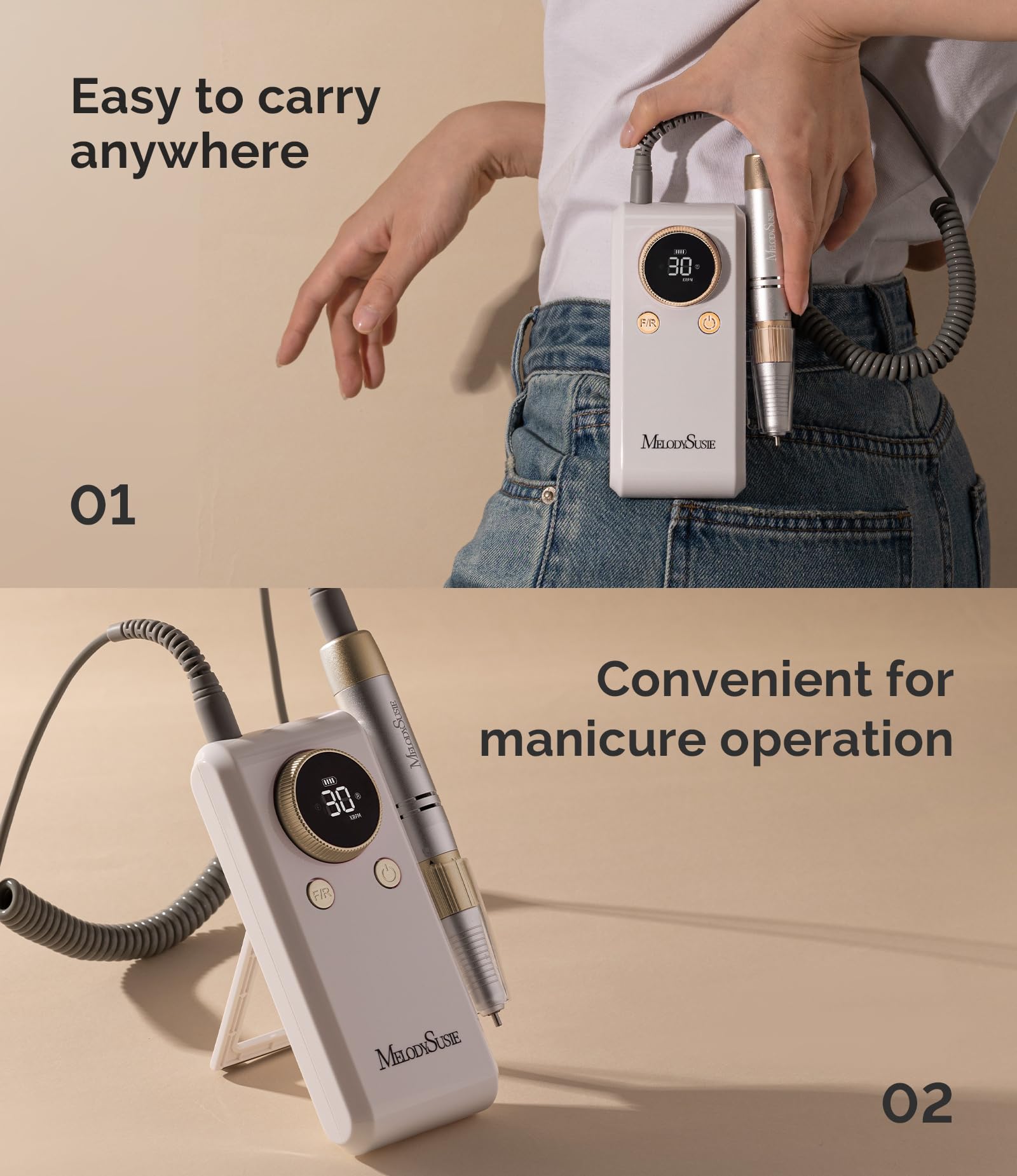 MelodySusie nail drill with clip-on design attached to waist
