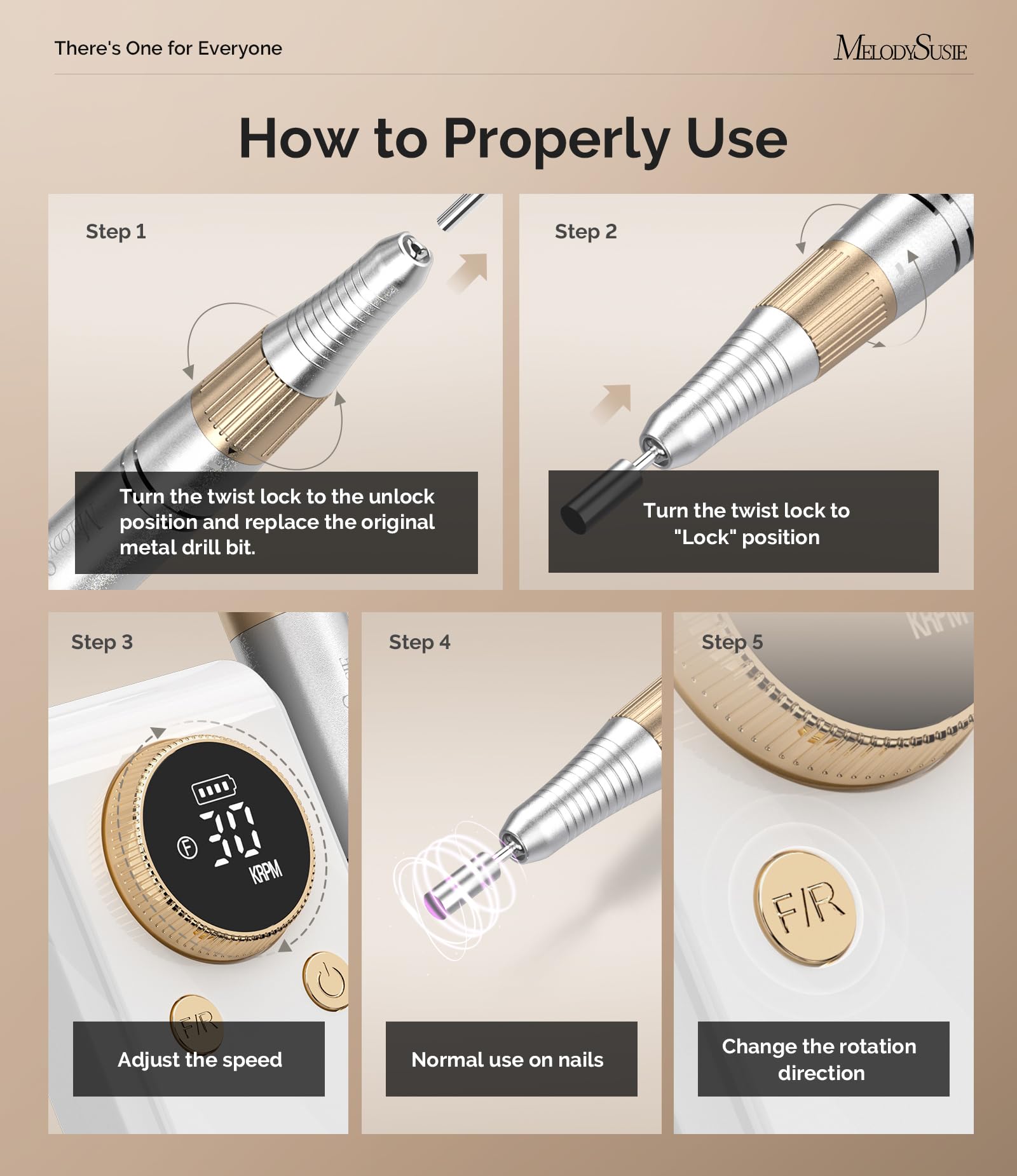 Professional nail drill bits included with MelodySusie set