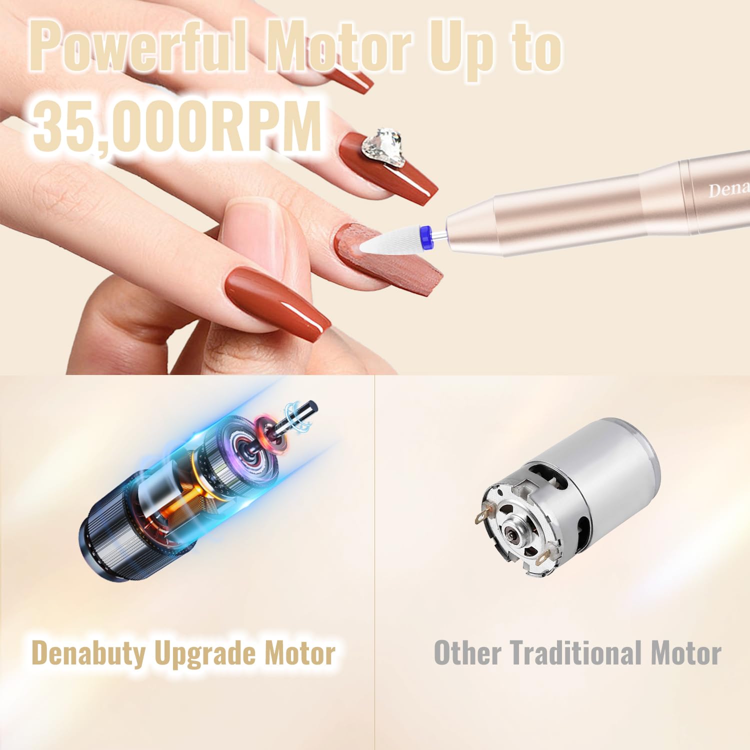 Handheld ergonomic pen style design of Denabuty nail drill