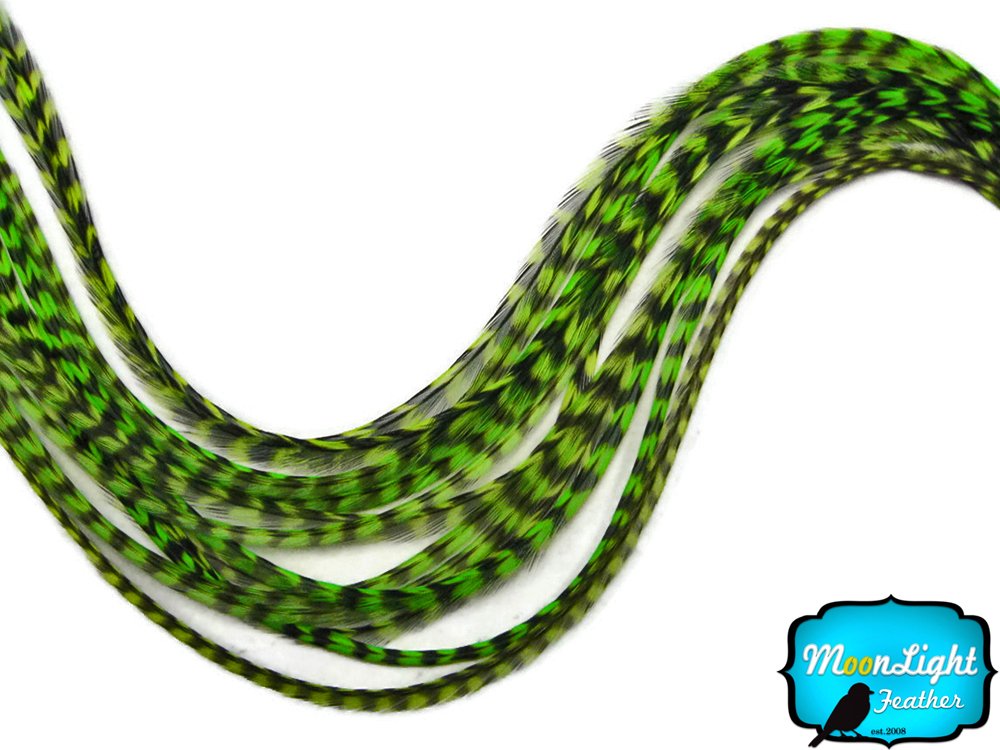 Close up of lime green grizzly hair feather with silicon attachment bead