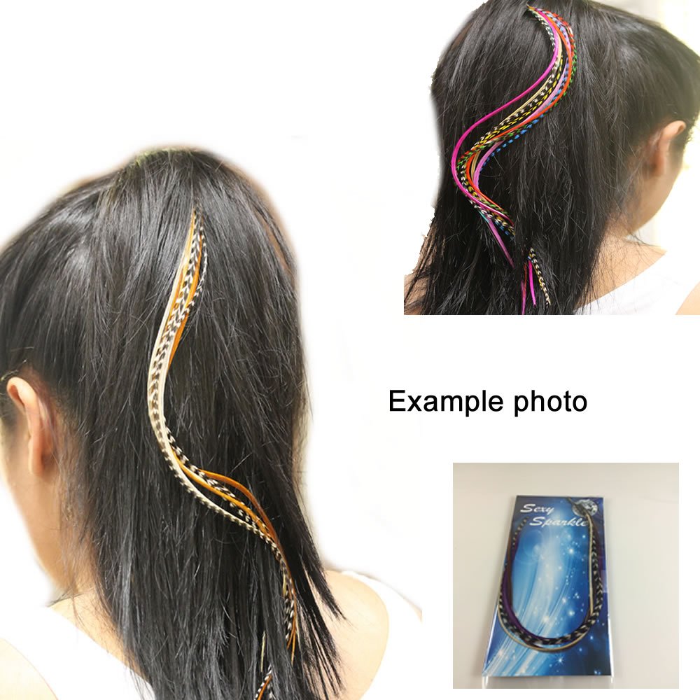 Model wearing turquoise and grizzly feather hair extensions