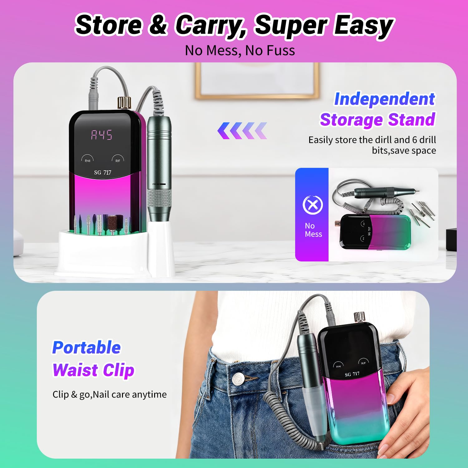 Side profile of portable Jewhiteny nail drill unit