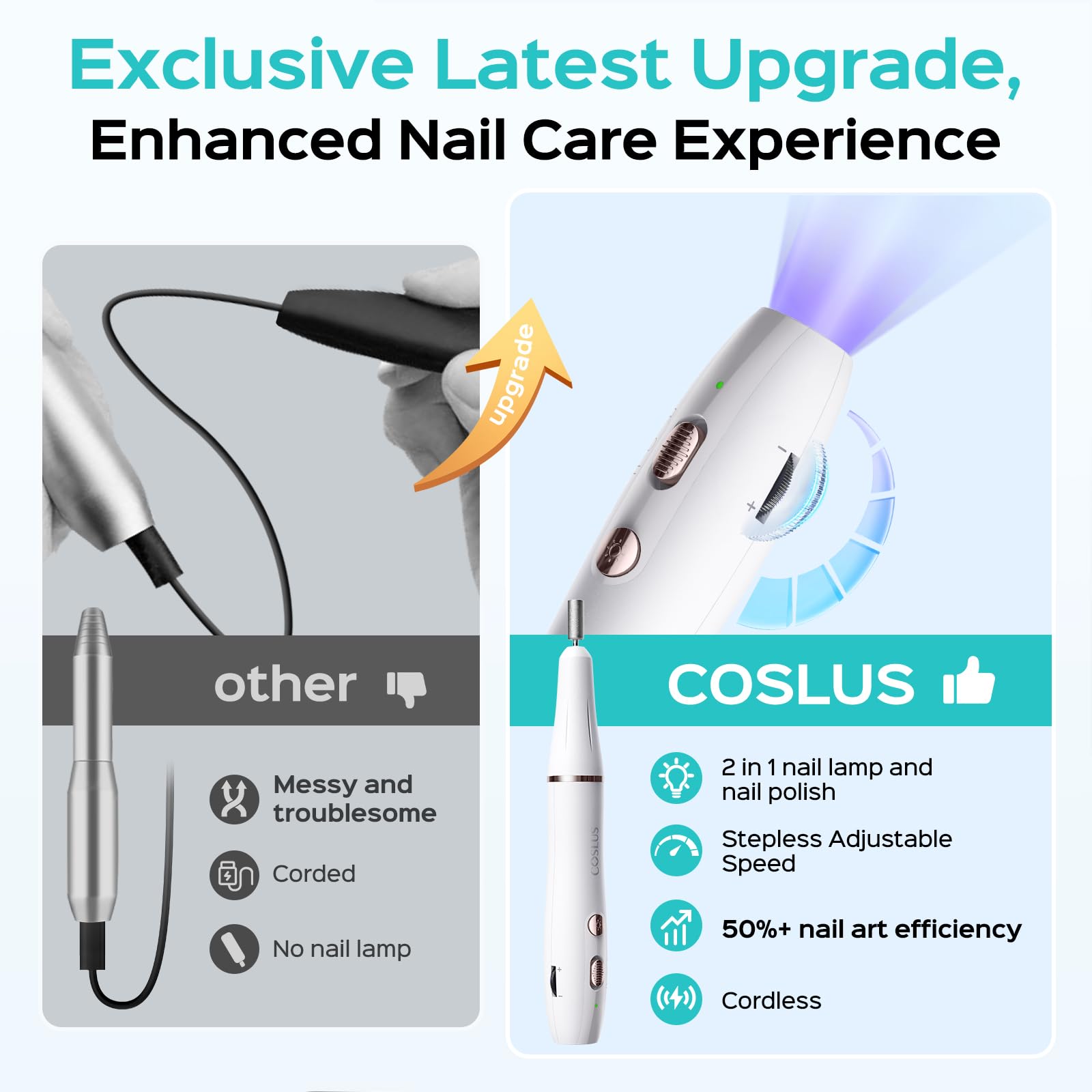 Close up of 2-in-1 nail drill with integrated flash cure light