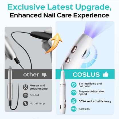 Close up of 2-in-1 nail drill with integrated flash cure light