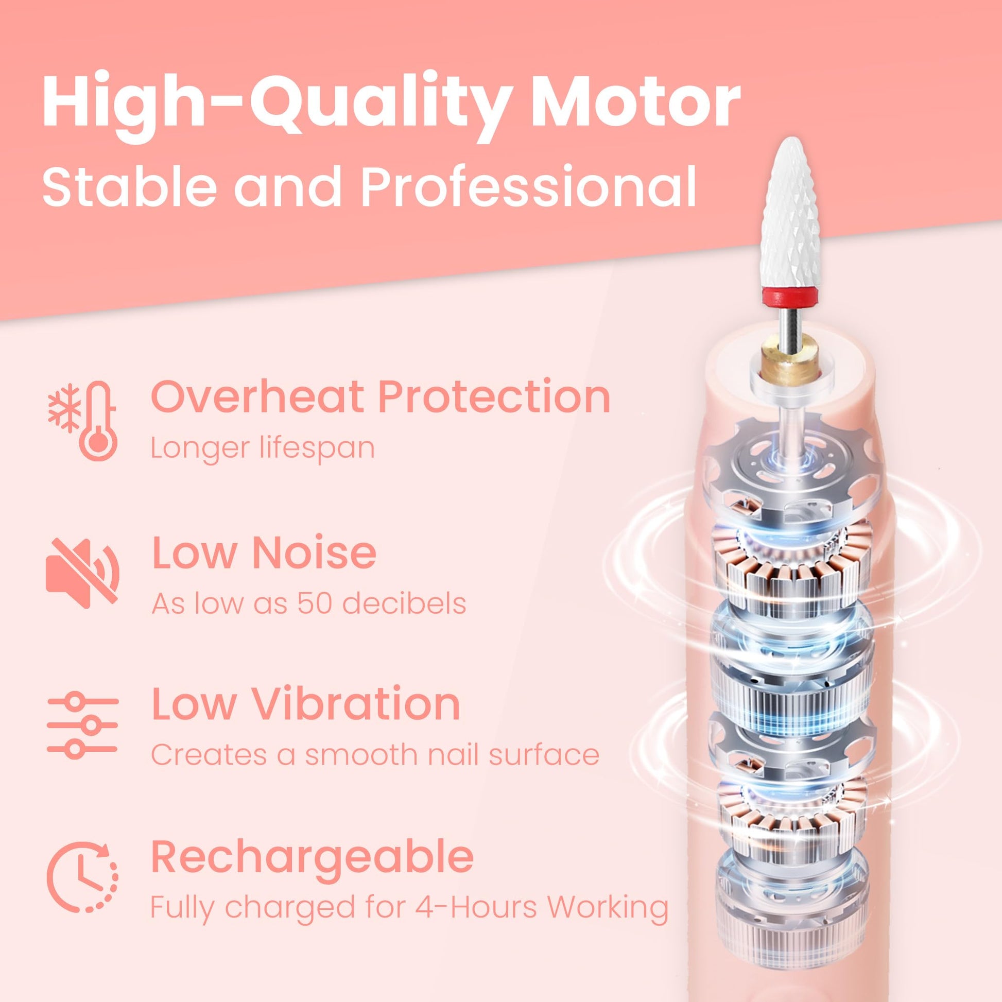Portable rechargeable nail drill set with interchangeable bits laid out neatly