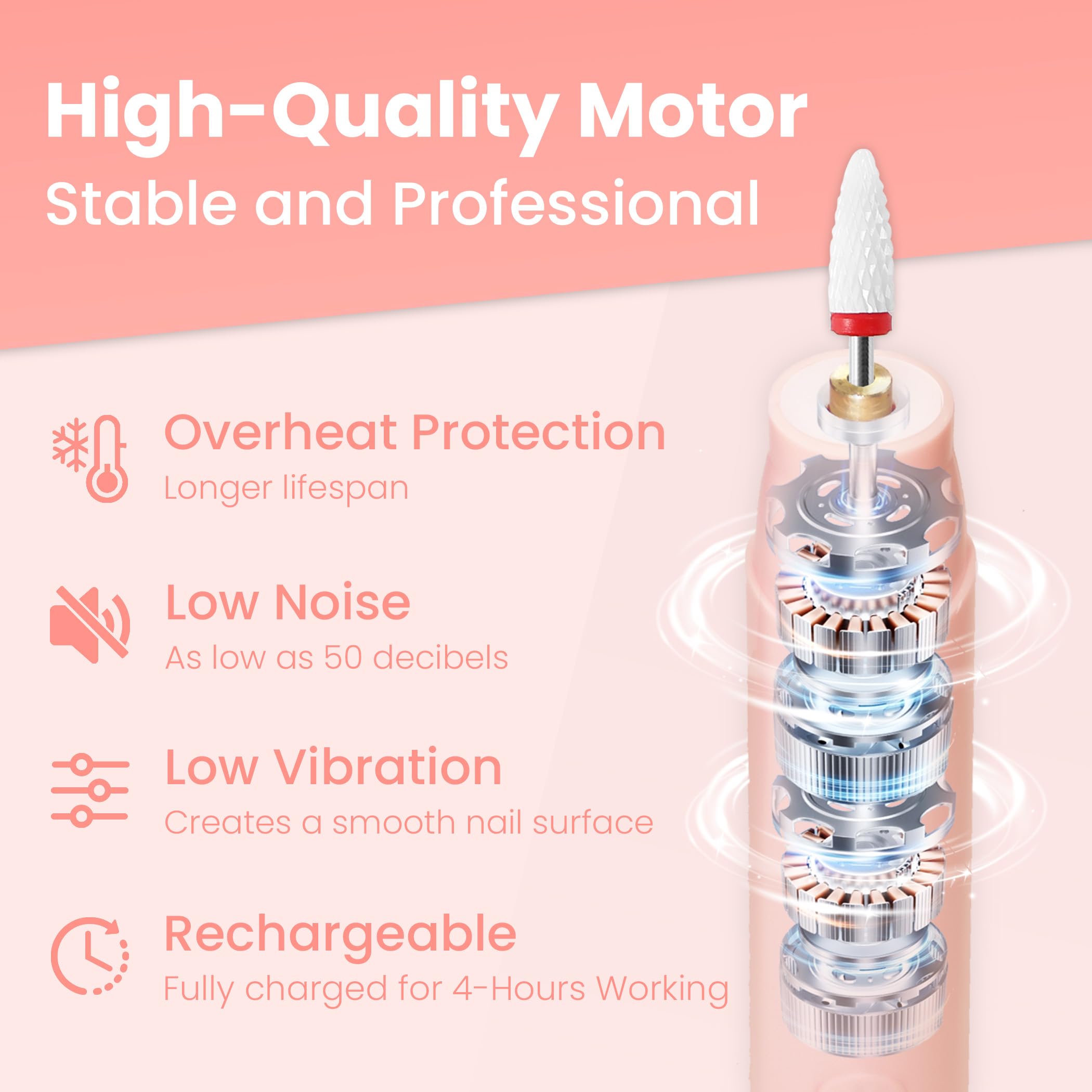 Portable rechargeable nail drill set with interchangeable bits laid out neatly