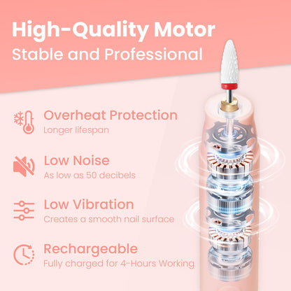 Portable rechargeable nail drill set with interchangeable bits laid out neatly