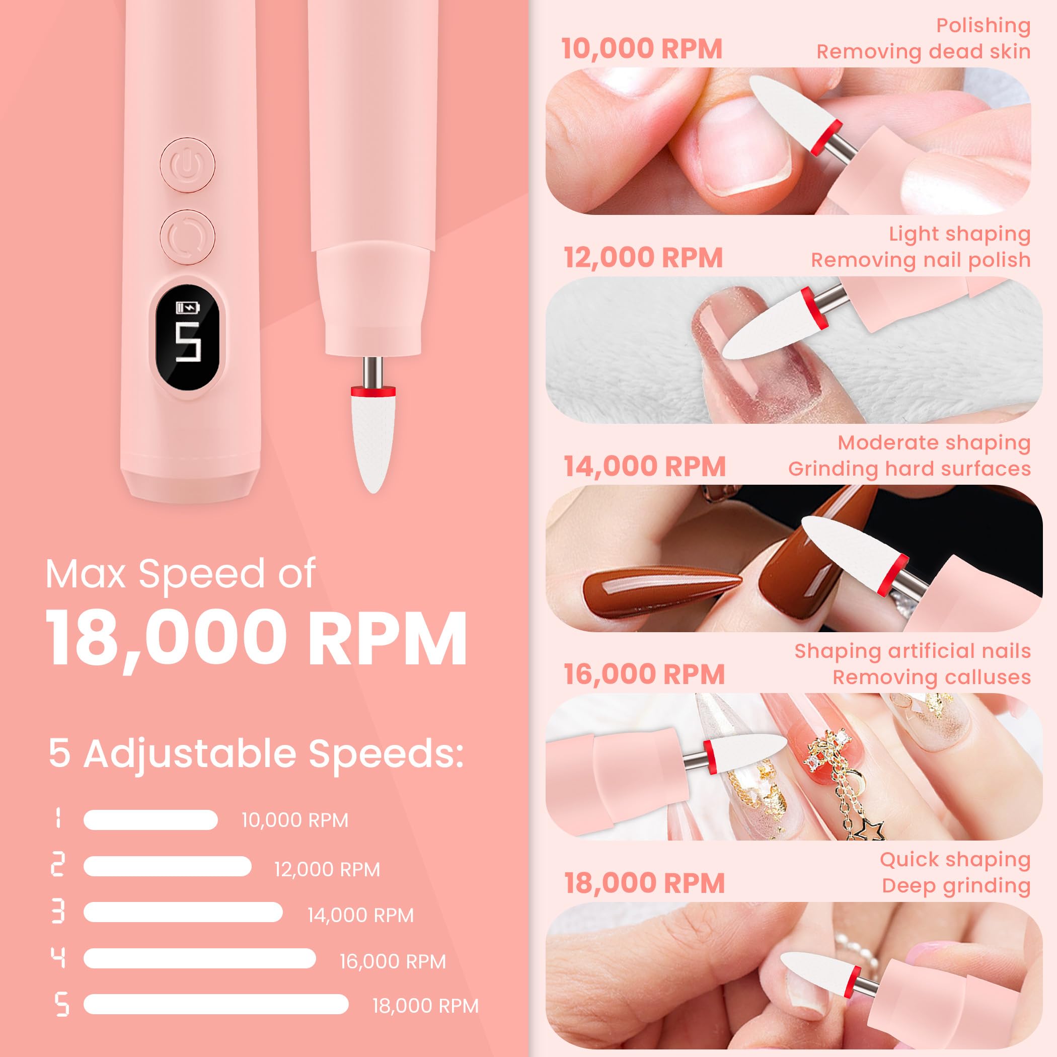Battery electric nail file highlighting the five speeds modes interface button