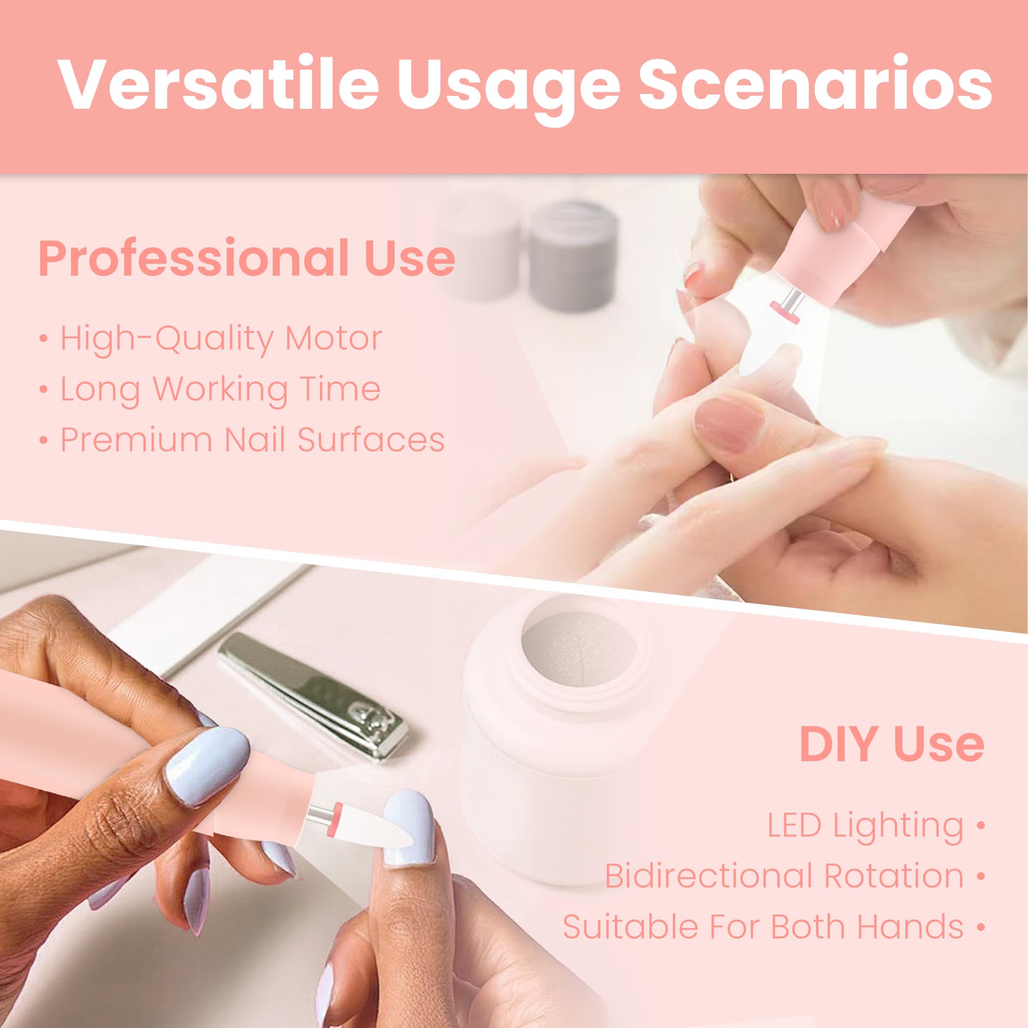 Rechargeable electric manicure tool showing the built-in LED lighting illuminating a nail