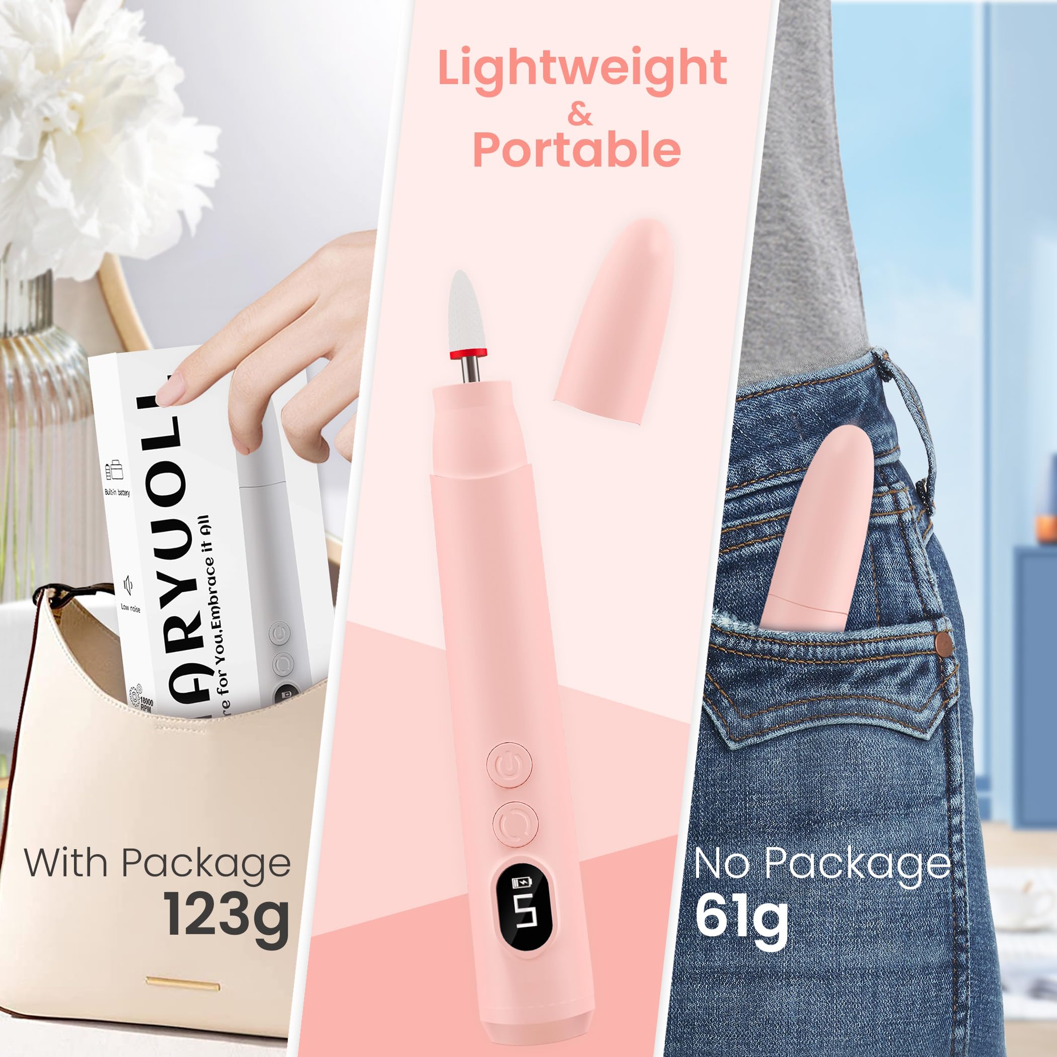 Kiaryuoll pink electronic nail file illustrating the reversible direction toggle switch