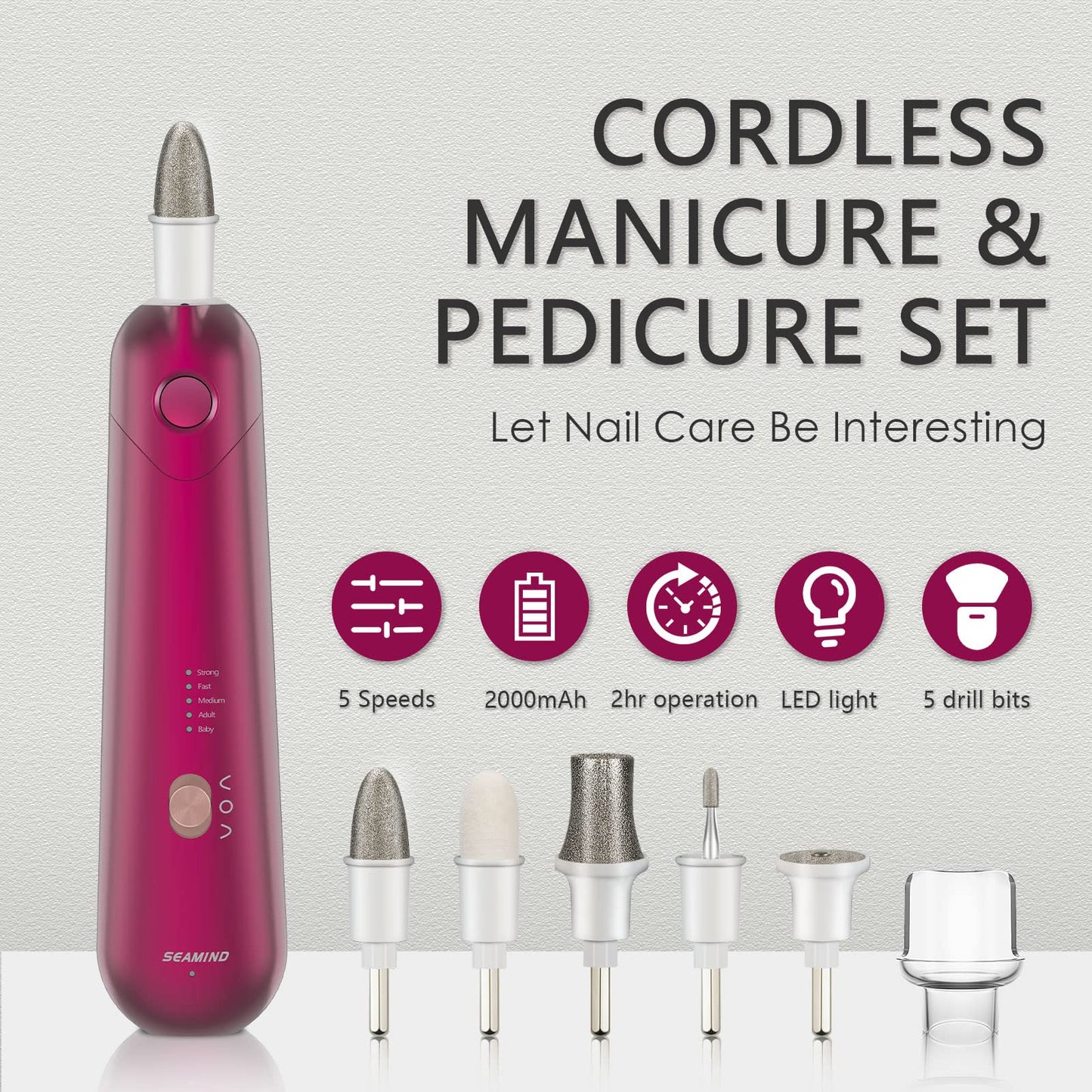 Rechargeable electric nail grinder kit displayed with five interchangeable stainless steel drill bits for versatile hand and foot care.