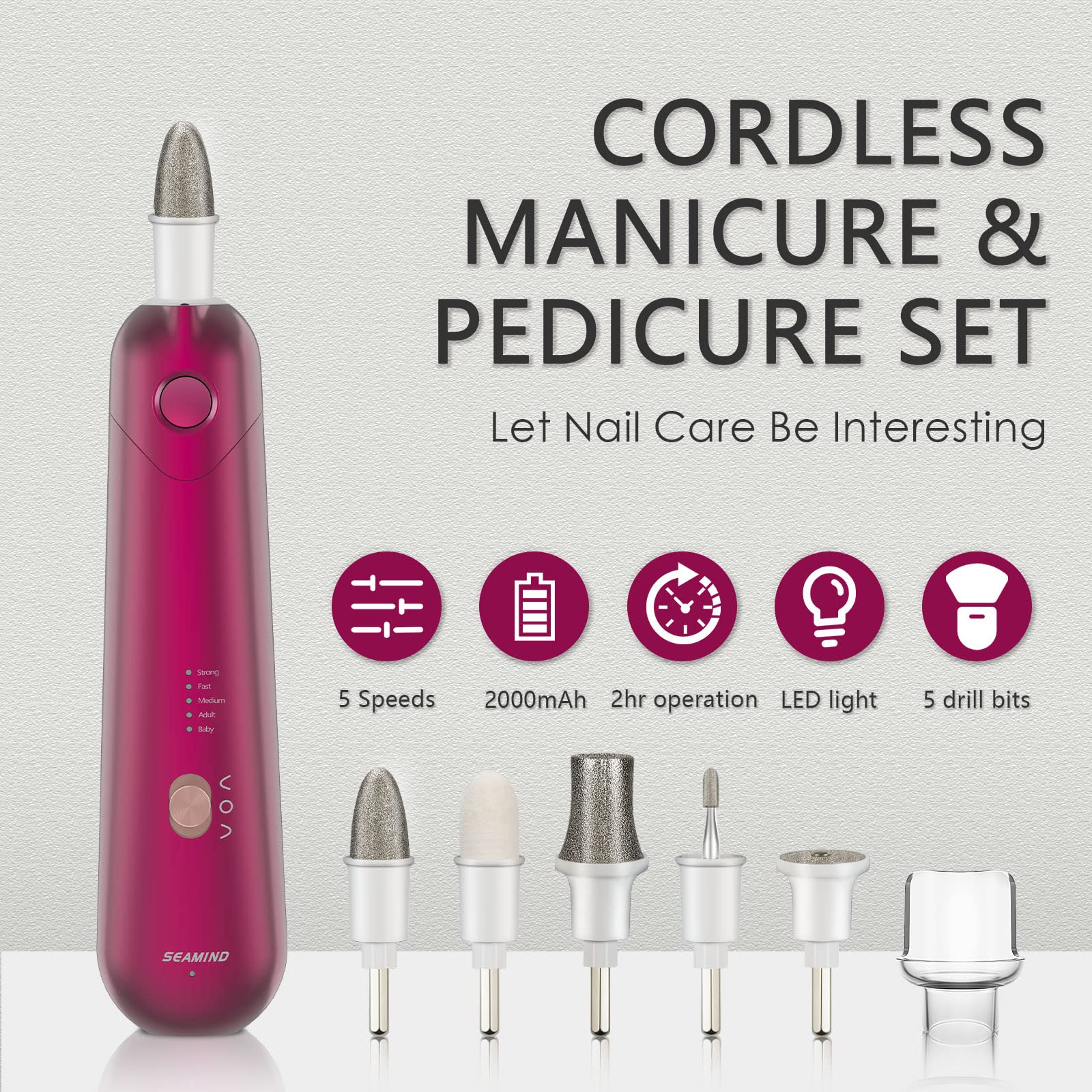 Rechargeable electric nail grinder kit displayed with five interchangeable stainless steel drill bits for versatile hand and foot care.