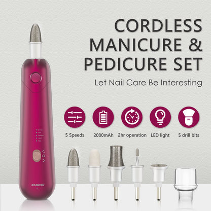 Rechargeable electric nail grinder kit displayed with five interchangeable stainless steel drill bits for versatile hand and foot care.