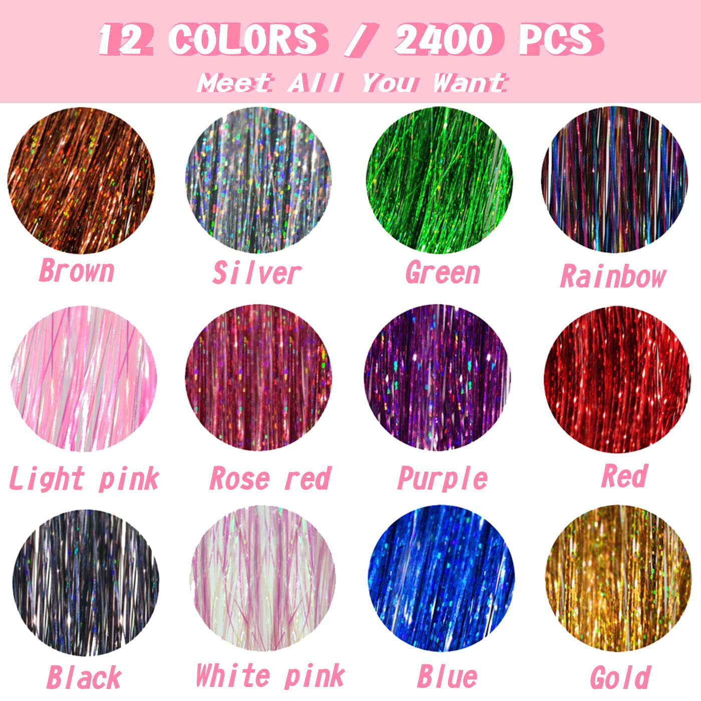 Close up of 47 inch fairy hair extensions sparkling strands