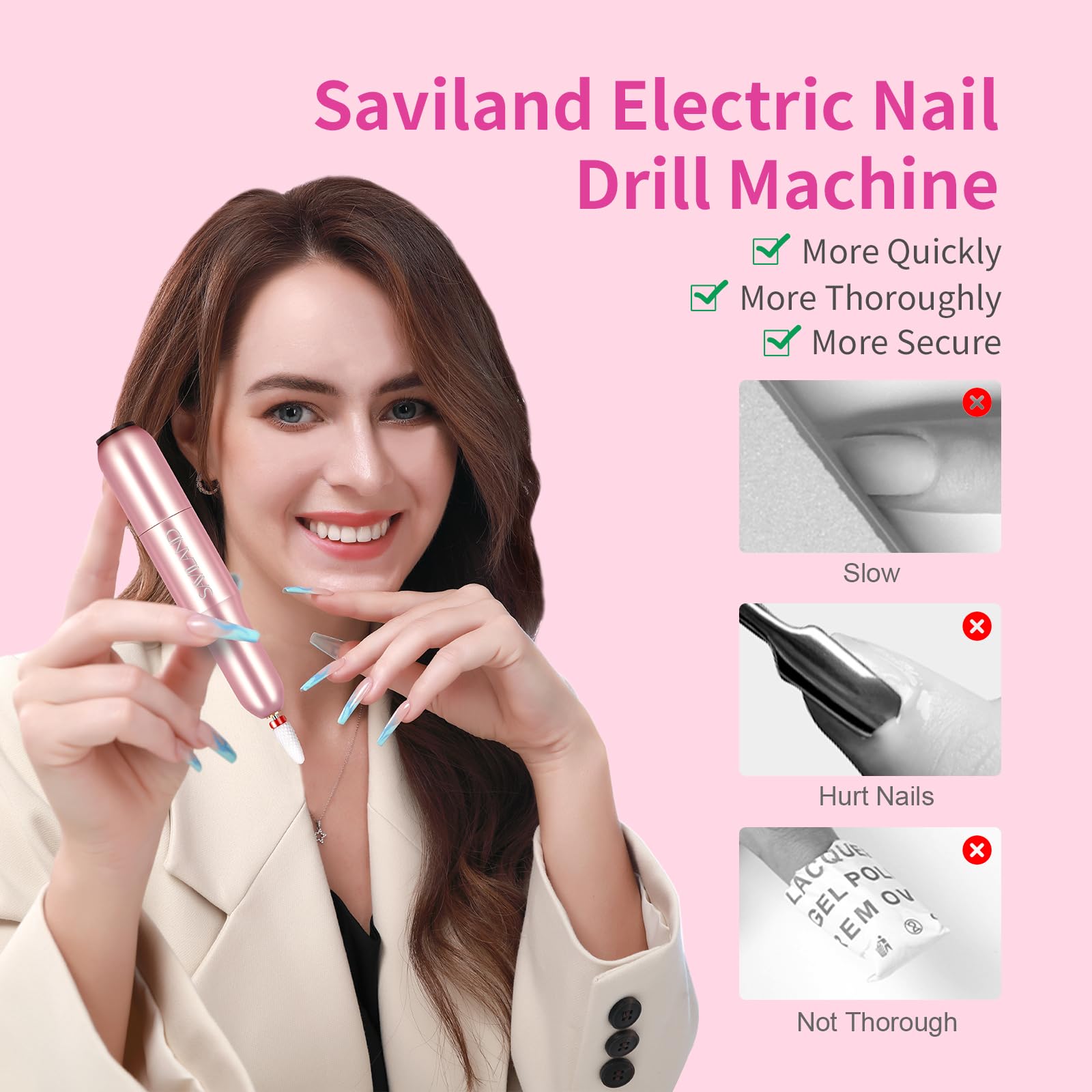 Saviland portable efile machine showing six interchangeable metal drill bits