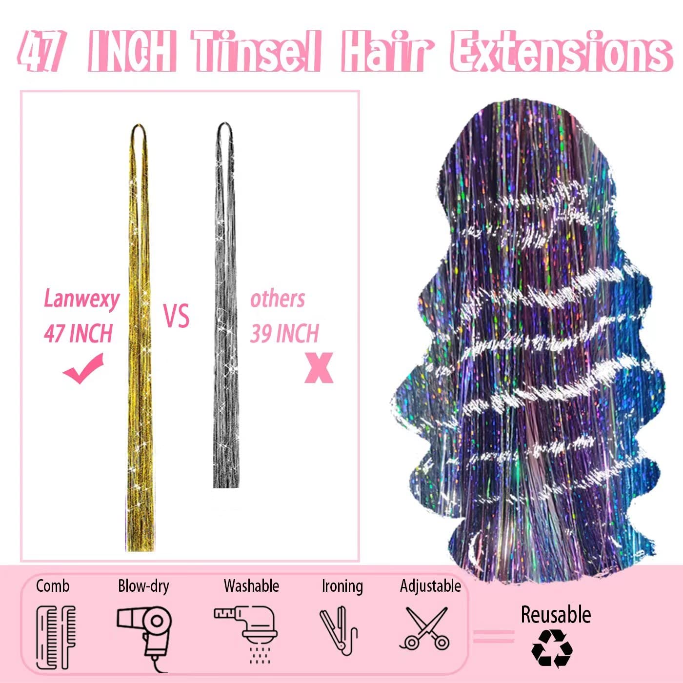 Model showing different colors of Lanwexy hair tinsel in hair