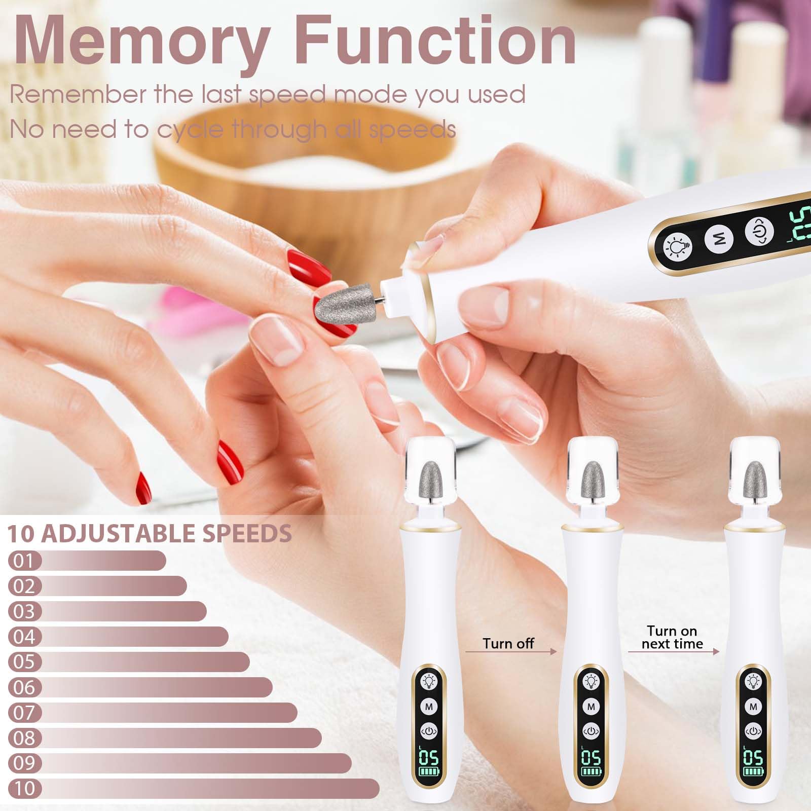 Close up of Hoxida electric nail file 360 LED light