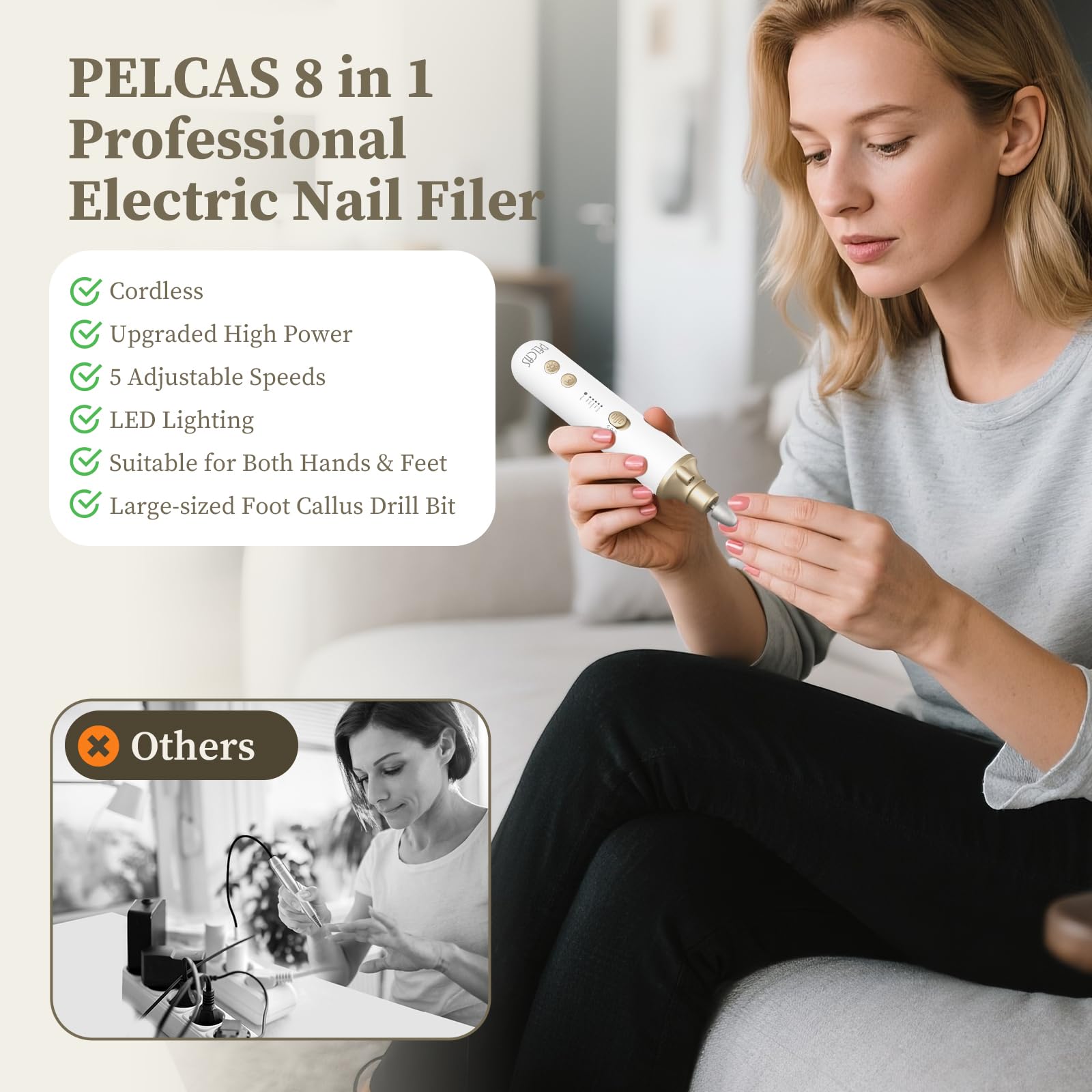 Handheld view of Pelcas 5 speed electric manicure device