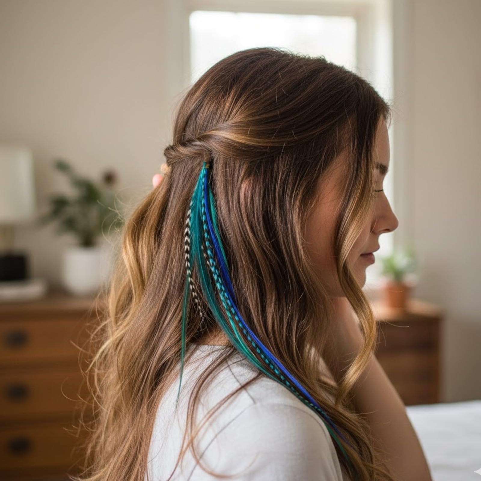 Ocean blue and aqua grizzly feather extension closeup