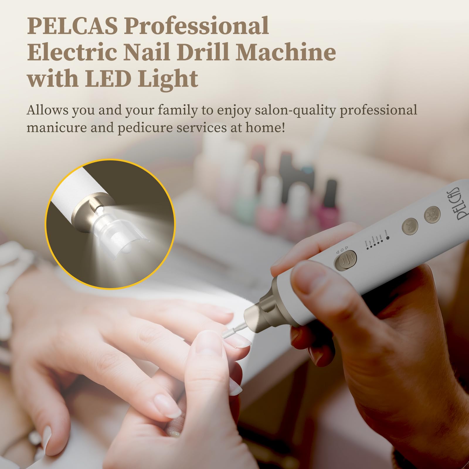 Pelcas nail drill kit showcasing various grinding attachments