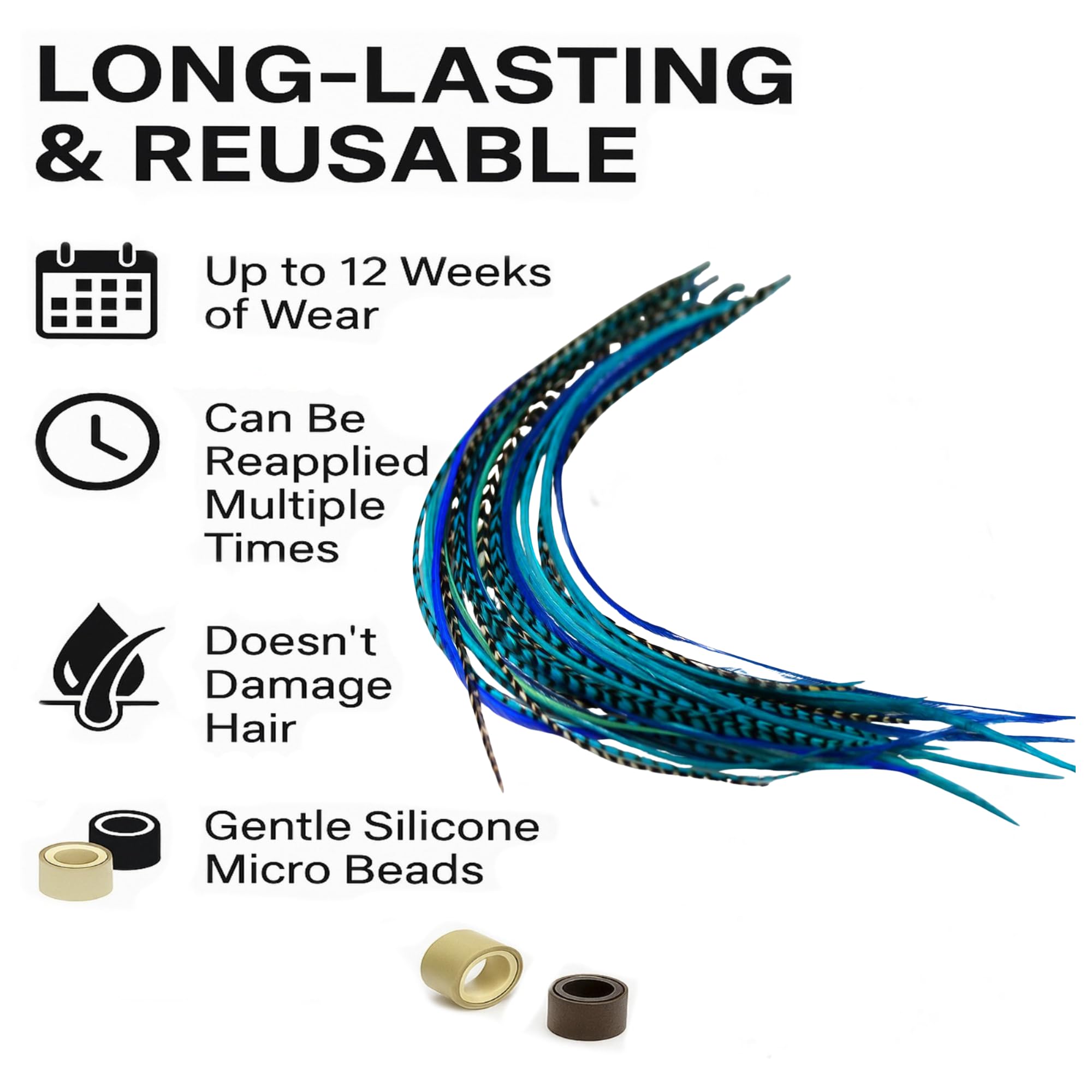 Five bonded rooster feathers for hair styling