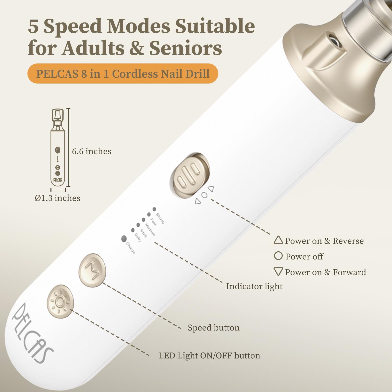 Pelcas cordless electric nail filer held by a person