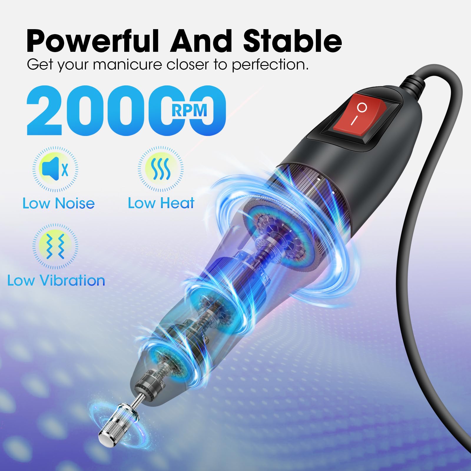 Close up of LAVAED professional electric nail drill pen handpiece with a metal bit attached