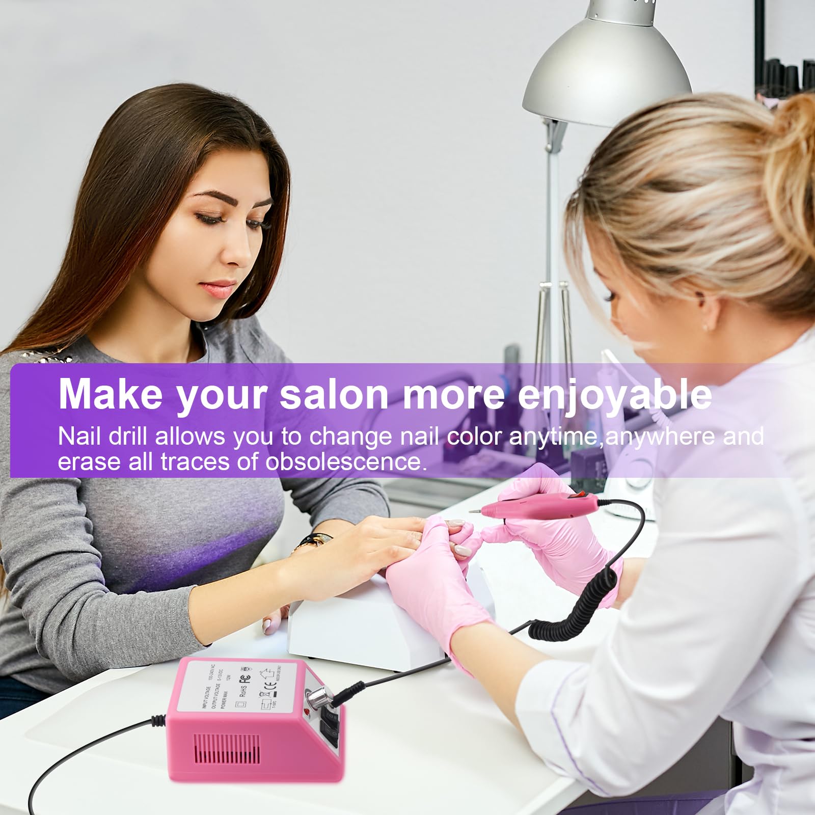 LAVAED 12 Watt pink electric nail file kit overview showing all included accessories and stand