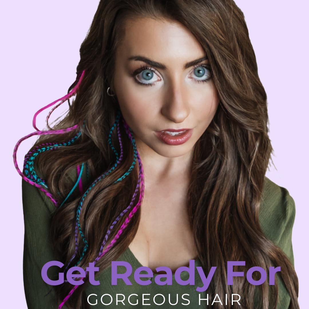 Close up of colorful pink purple and blue feather hair extensions