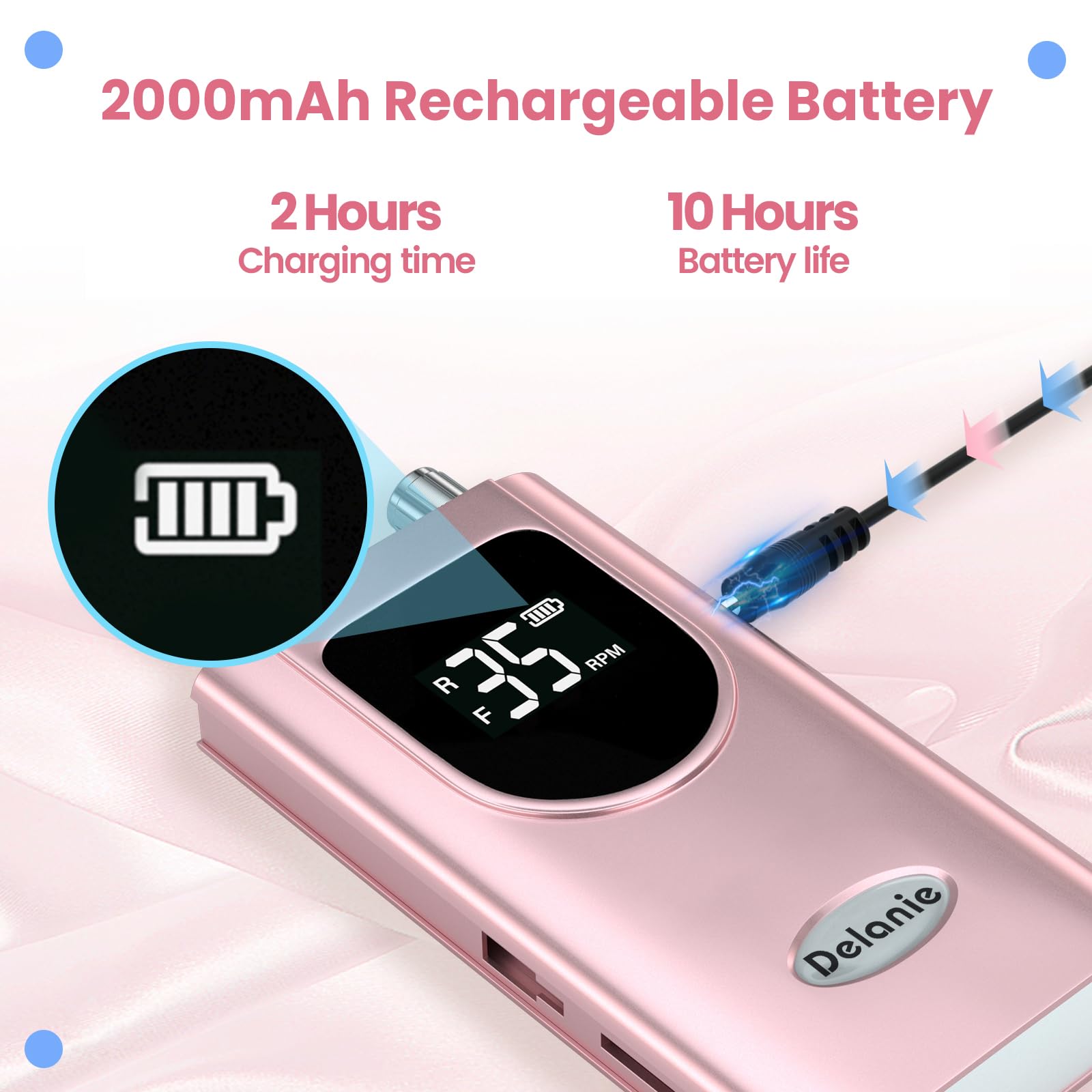 Close up view of the aluminum alloy low vibration handpiece with a cuticle bit installed