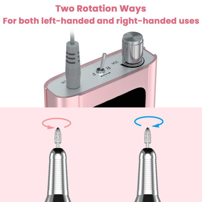 Compact cordless nail drill package showcasing the belt clip design for mobile beauty technicians