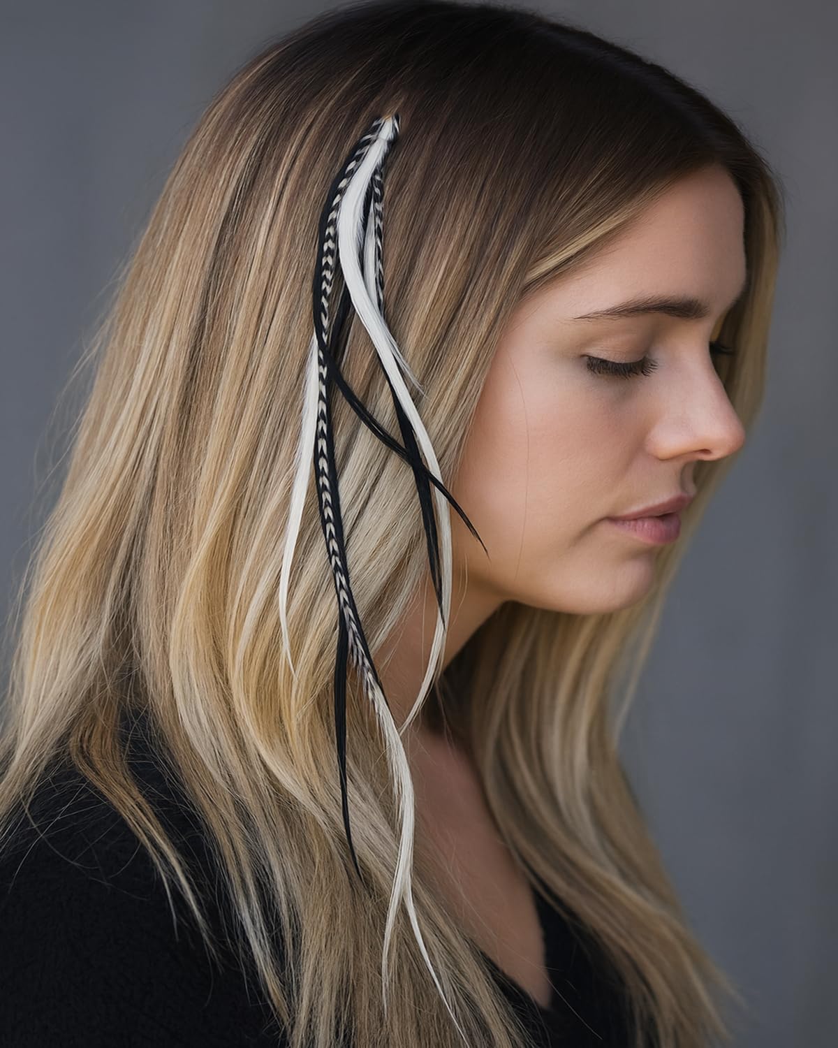 Zebra pattern feather extension with silicone micro beads