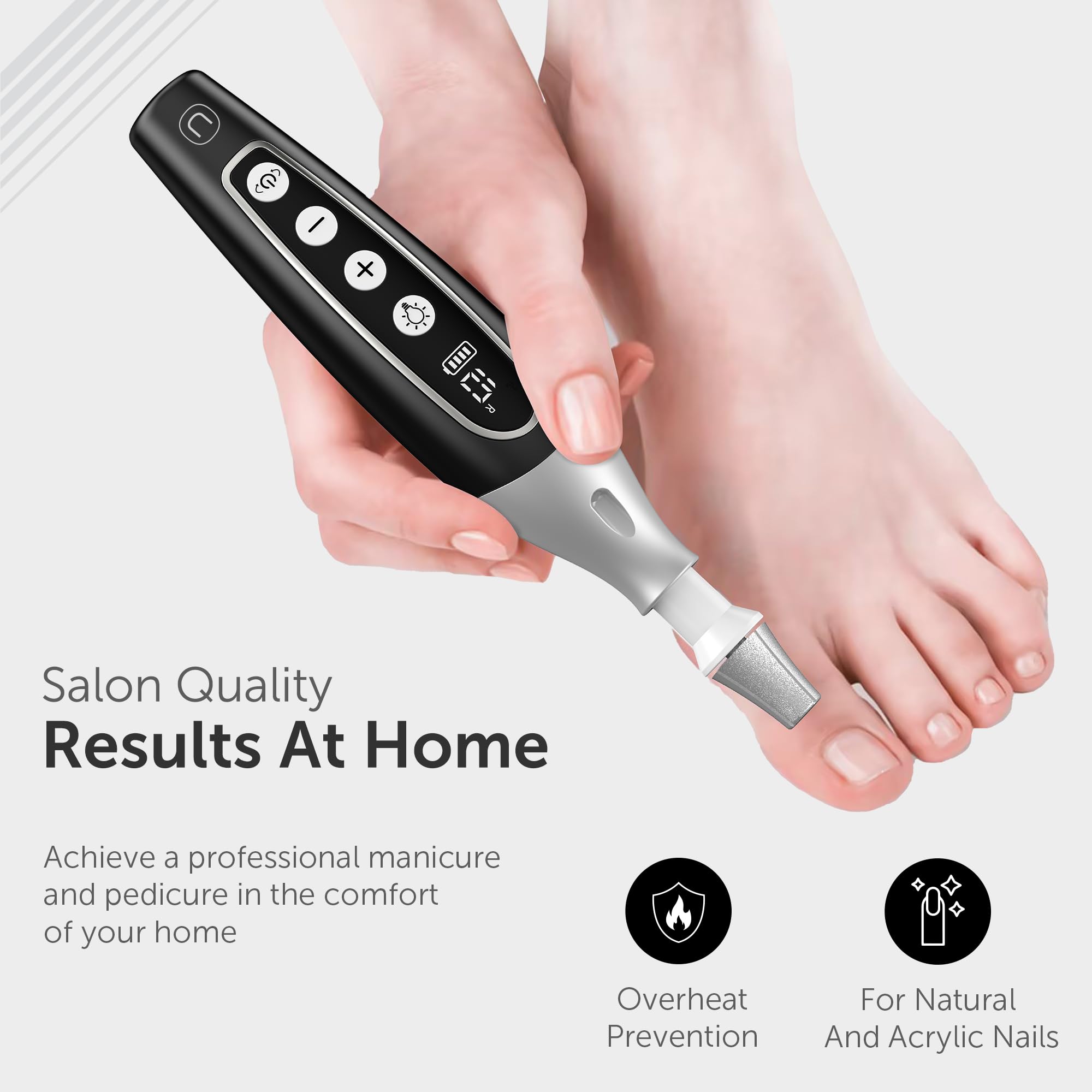 Utilyze PediLux Pro cordless device showing LED speed indicator
