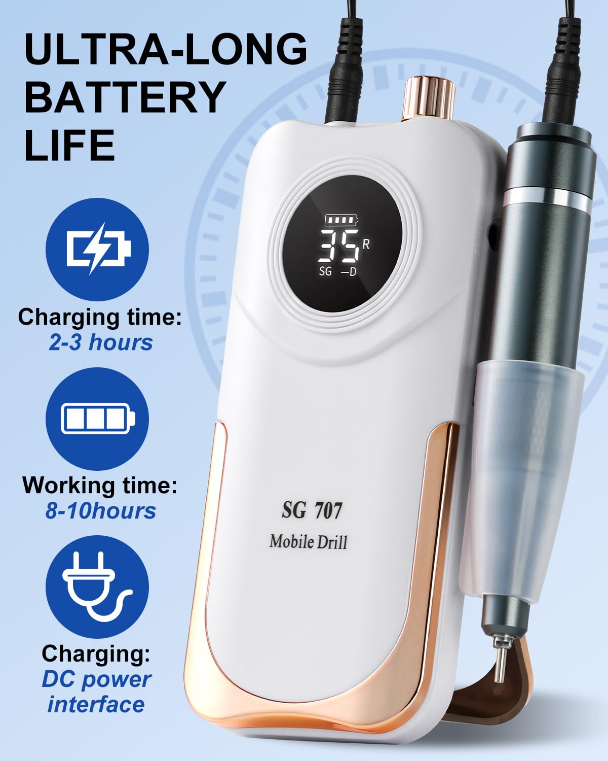 Portable 35000 RPM nail drill for acrylic and gel nails