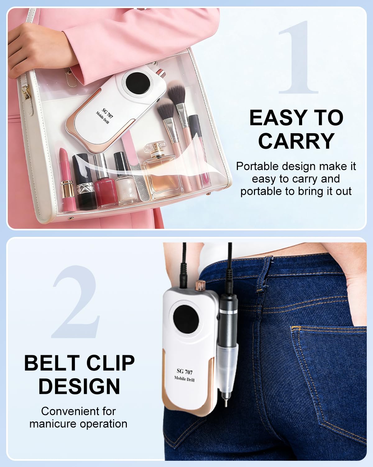 Handheld electric nail drill machine with rose gold accents