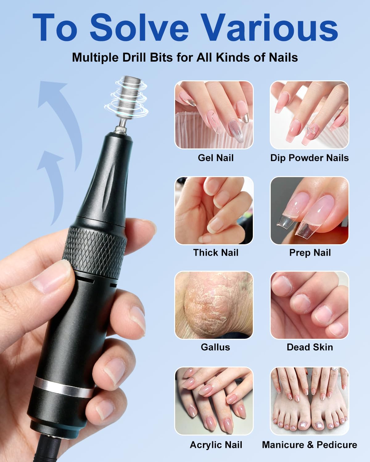 Close up of 14 piece nail drill bit set included in kit