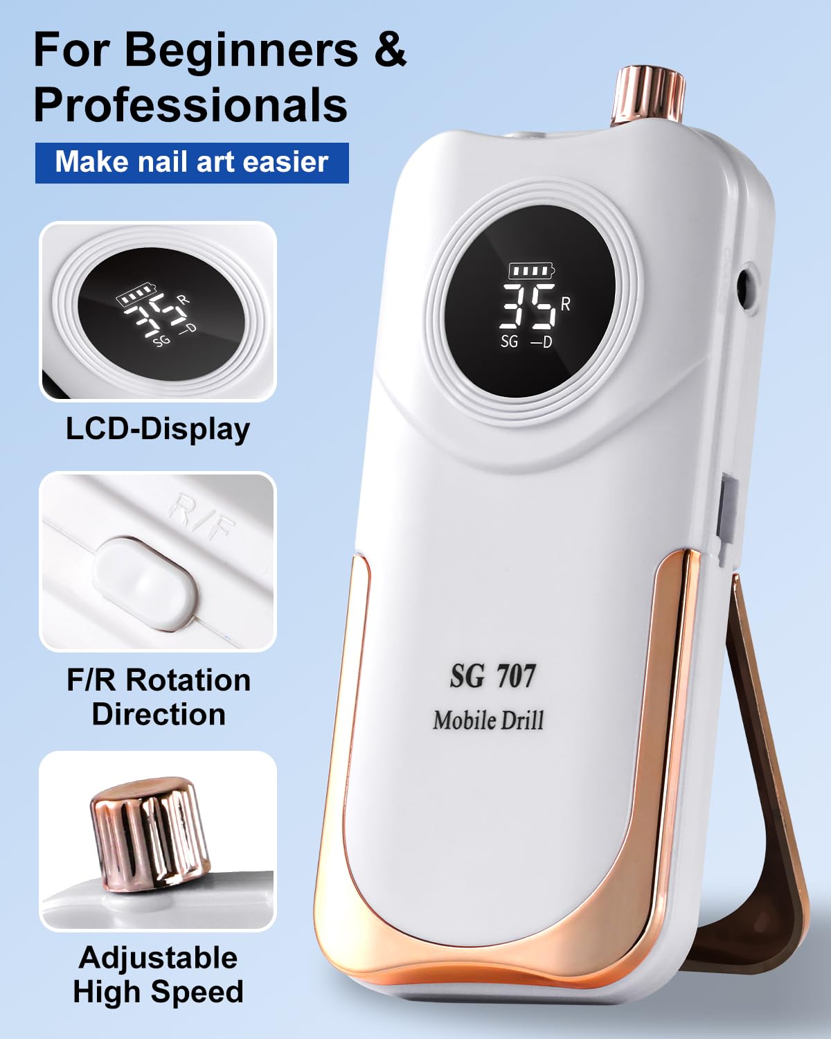 Rechargeable nail drill machine showing speed control display
