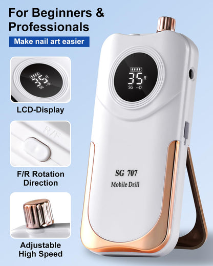 Rechargeable nail drill machine showing speed control display