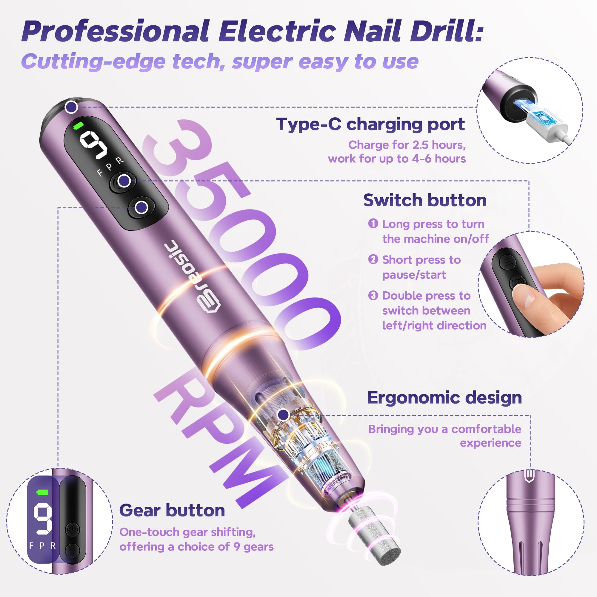 Breosic cordless nail file with 12-in-1 drill bit set