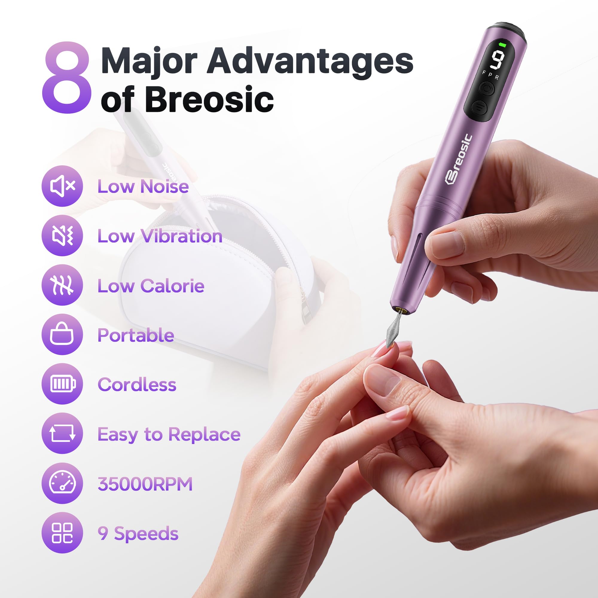 Breosic electric nail drill LED display and speed settings